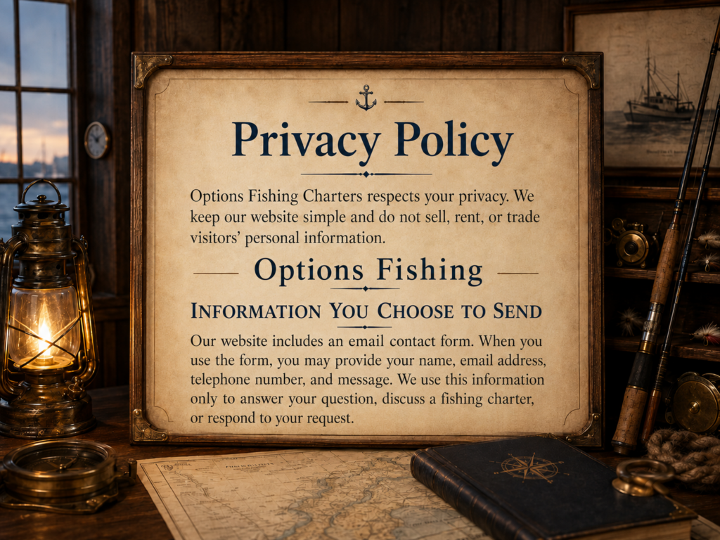 Vintage fisherman’s office display featuring the Options Fishing Charters Privacy Policy and information about contact form submissions.