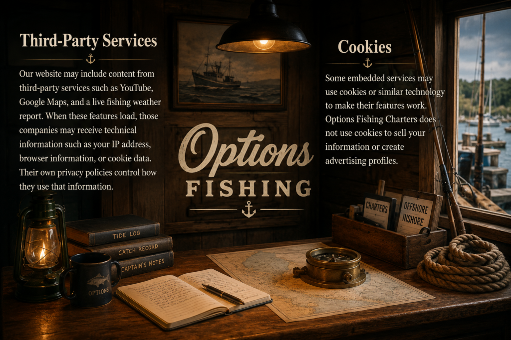 Old-fashioned fisherman’s office graphic explaining that YouTube, Google Maps, and weather tools may collect technical data or use cookies; Options Fishing does not sell personal information.