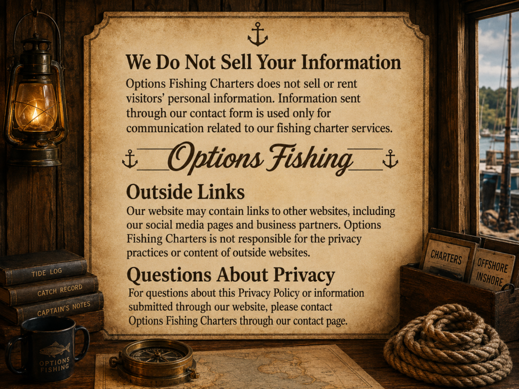 Vintage fisherman’s office sign explaining that Options Fishing Charters does not sell personal information, is not responsible for outside websites, and welcomes privacy questions through its contact page.